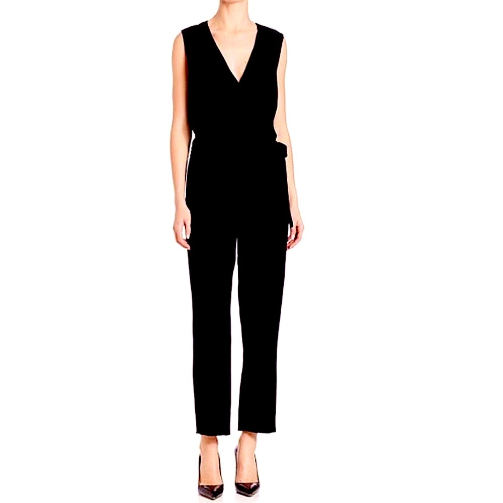🌺 Theory Black Sleeveless V Neck Wrap Tie Pantsuit Size 2 - Picture 3 of 12